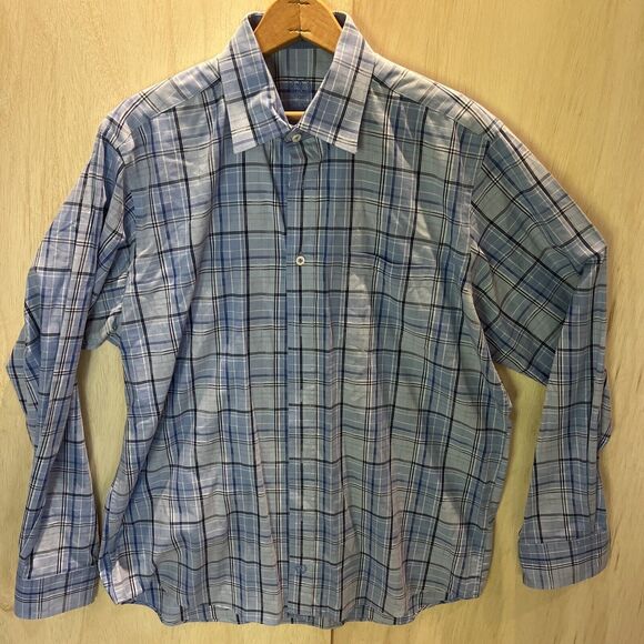 NEW no tags Bugatchi Men’s Classic Fit Blue White Plaid Check Shirt Size Large - Picture 1 of 7